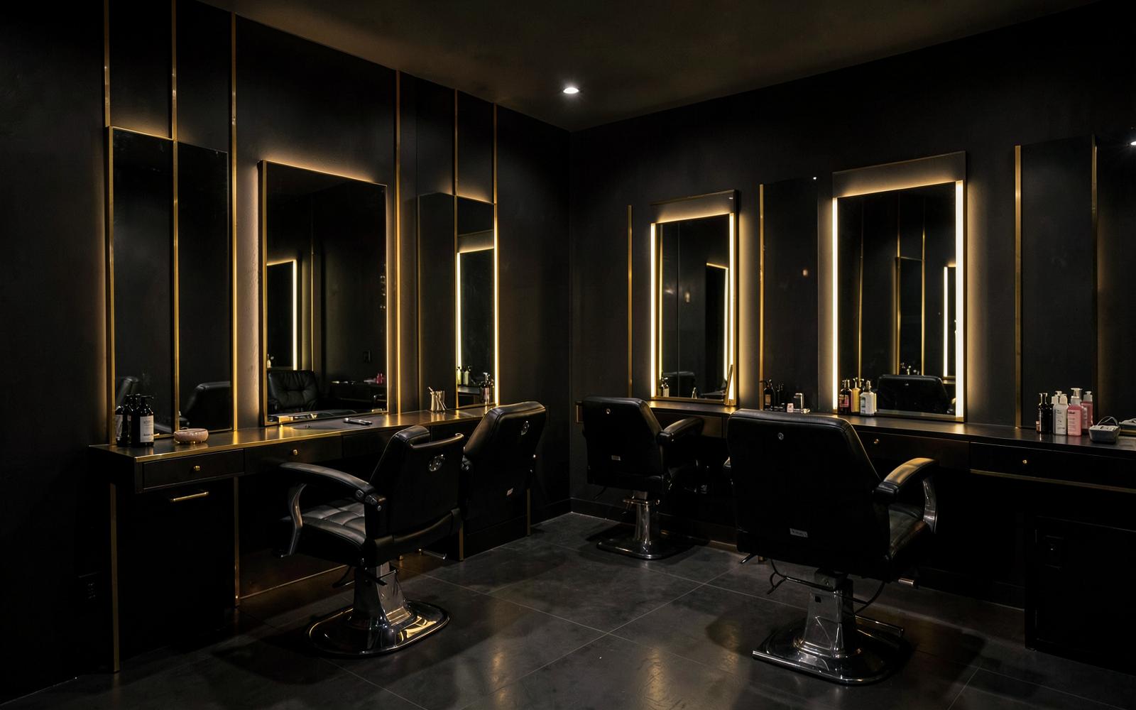 Intérieur du salon Ciseaux & Style à La Prairie — fauteuils noirs et miroirs rétroéclairés dorés